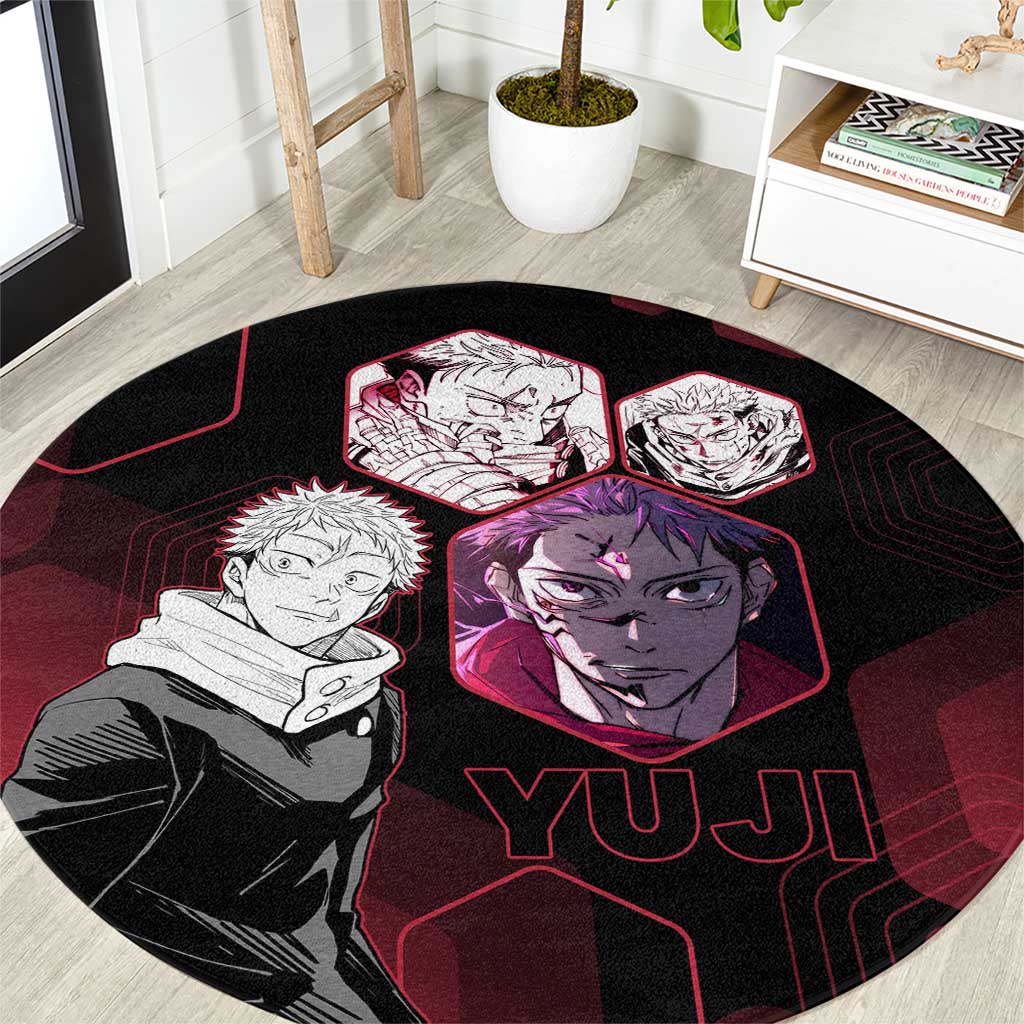 Yuji Itadori Jujutsu Kaisen Red Hexagon Design Round Carpet with Sukuna Transformation and Manga Style Art - The Mazicc