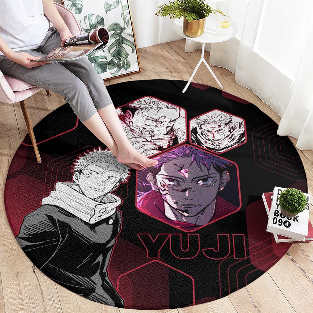 Yuji Itadori Jujutsu Kaisen Red Hexagon Design Round Carpet with Sukuna Transformation and Manga Style Art - The Mazicc