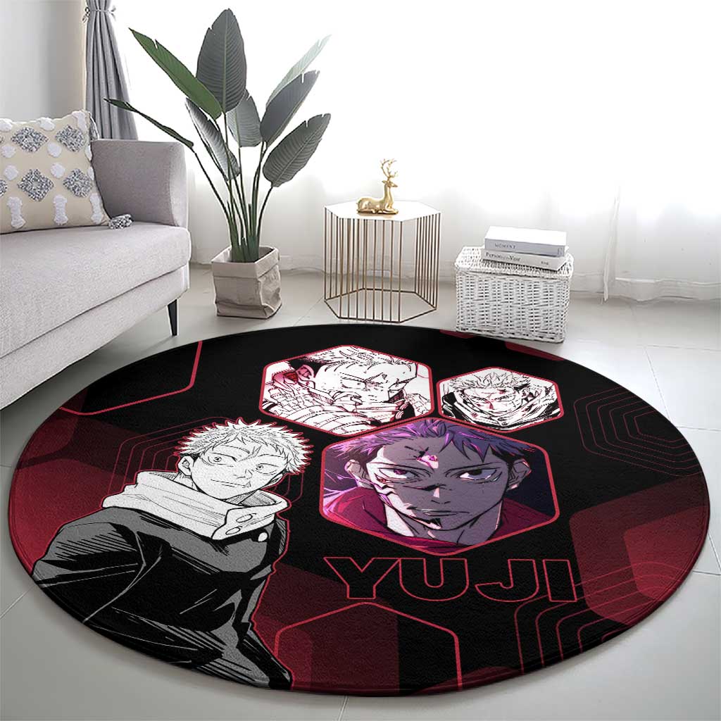 Yuji Itadori Jujutsu Kaisen Red Hexagon Design Round Carpet with Sukuna Transformation and Manga Style Art - The Mazicc