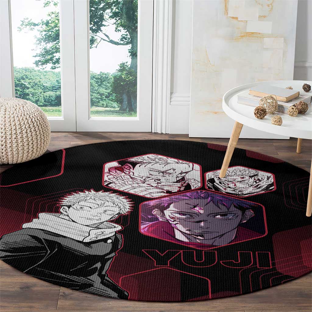 Yuji Itadori Jujutsu Kaisen Red Hexagon Design Round Carpet with Sukuna Transformation and Manga Style Art - The Mazicc