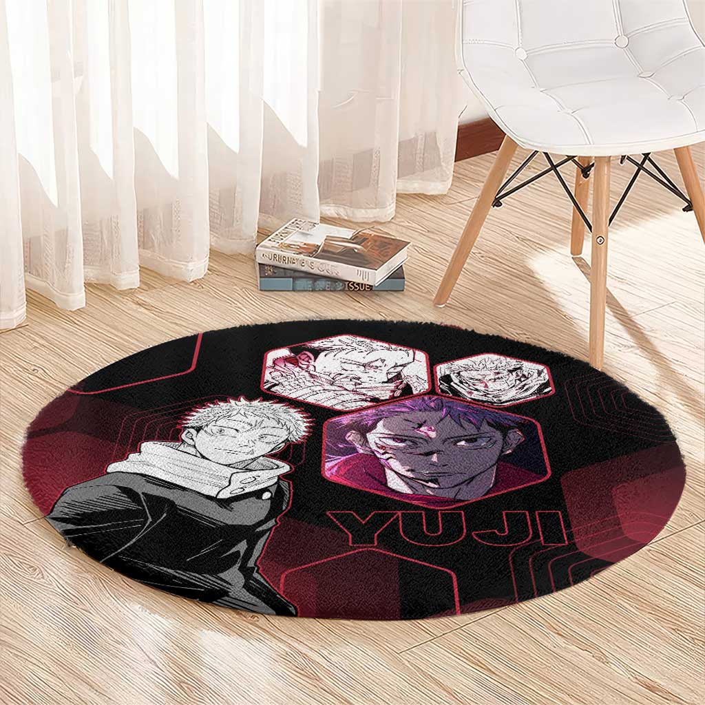 Yuji Itadori Jujutsu Kaisen Red Hexagon Design Round Carpet with Sukuna Transformation and Manga Style Art - The Mazicc