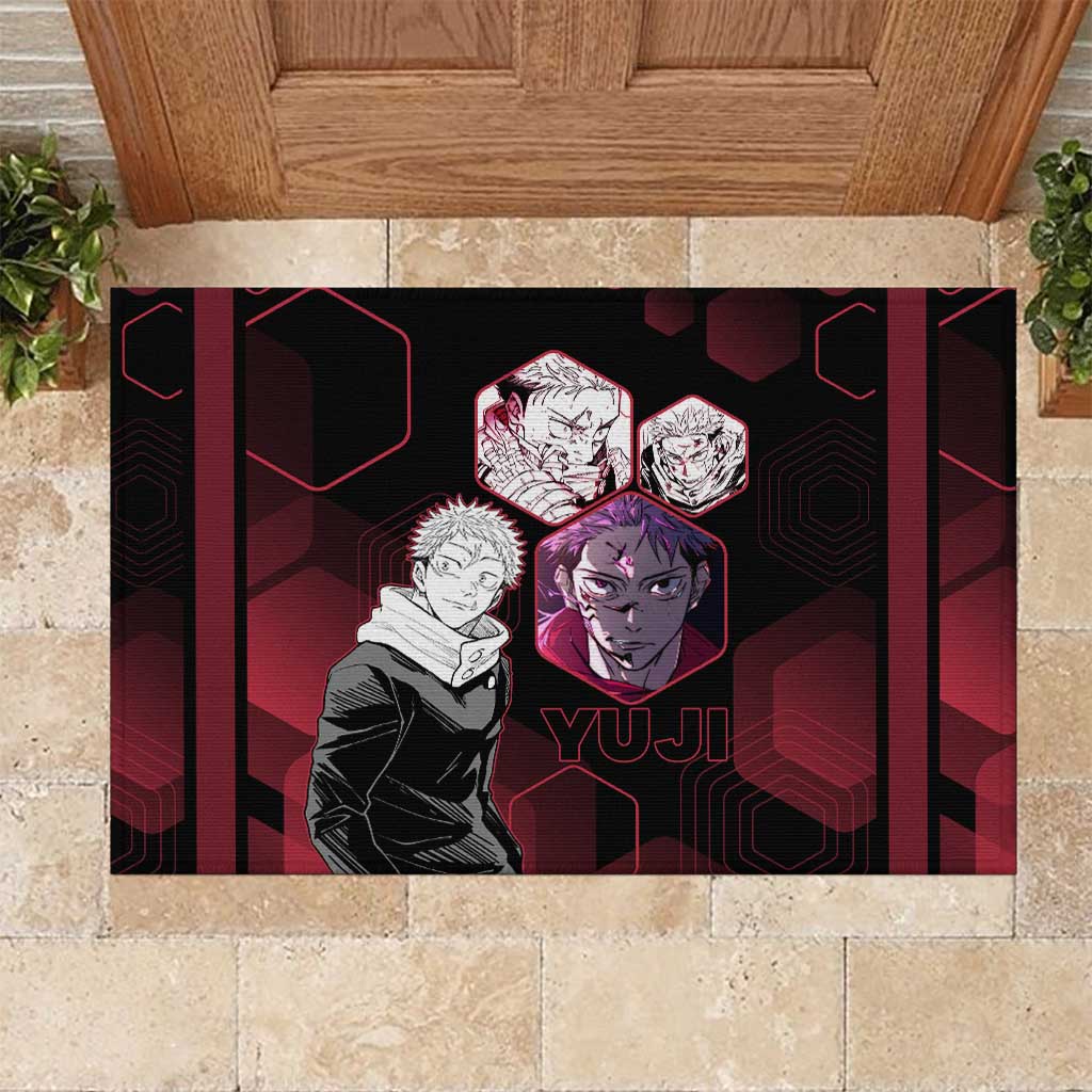 Yuji Itadori Jujutsu Kaisen Red Hexagon Design Rubber Doormat with Sukuna Transformation and Manga Style Art - The Mazicc