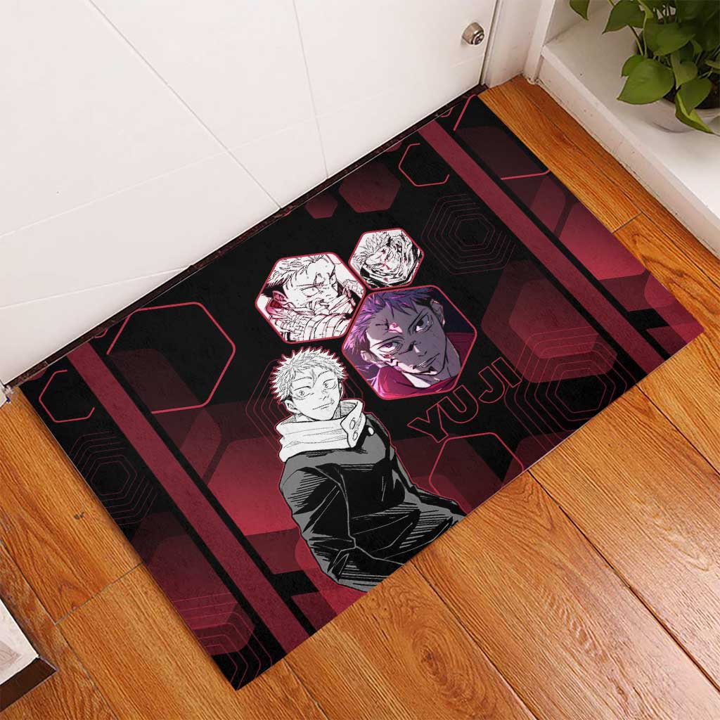 Yuji Itadori Jujutsu Kaisen Red Hexagon Design Rubber Doormat with Sukuna Transformation and Manga Style Art - The Mazicc