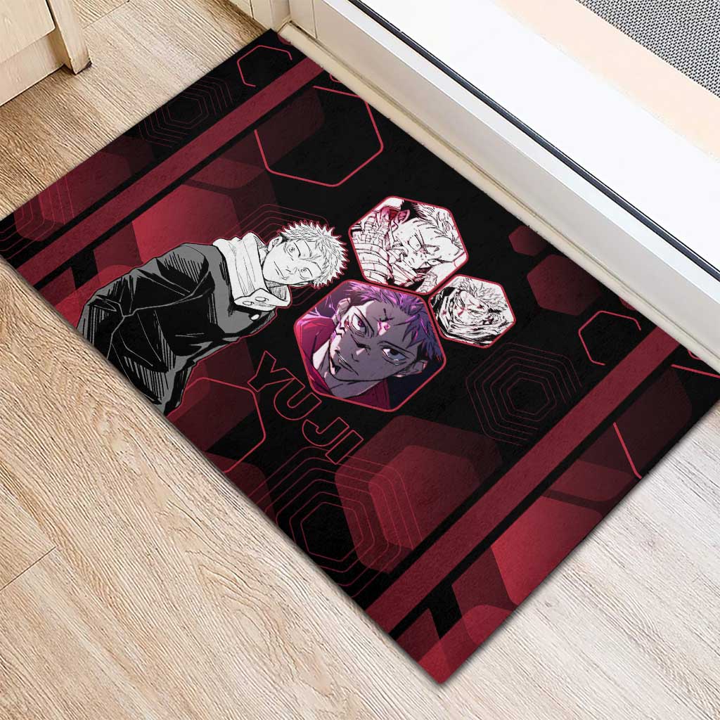 Yuji Itadori Jujutsu Kaisen Red Hexagon Design Rubber Doormat with Sukuna Transformation and Manga Style Art - The Mazicc