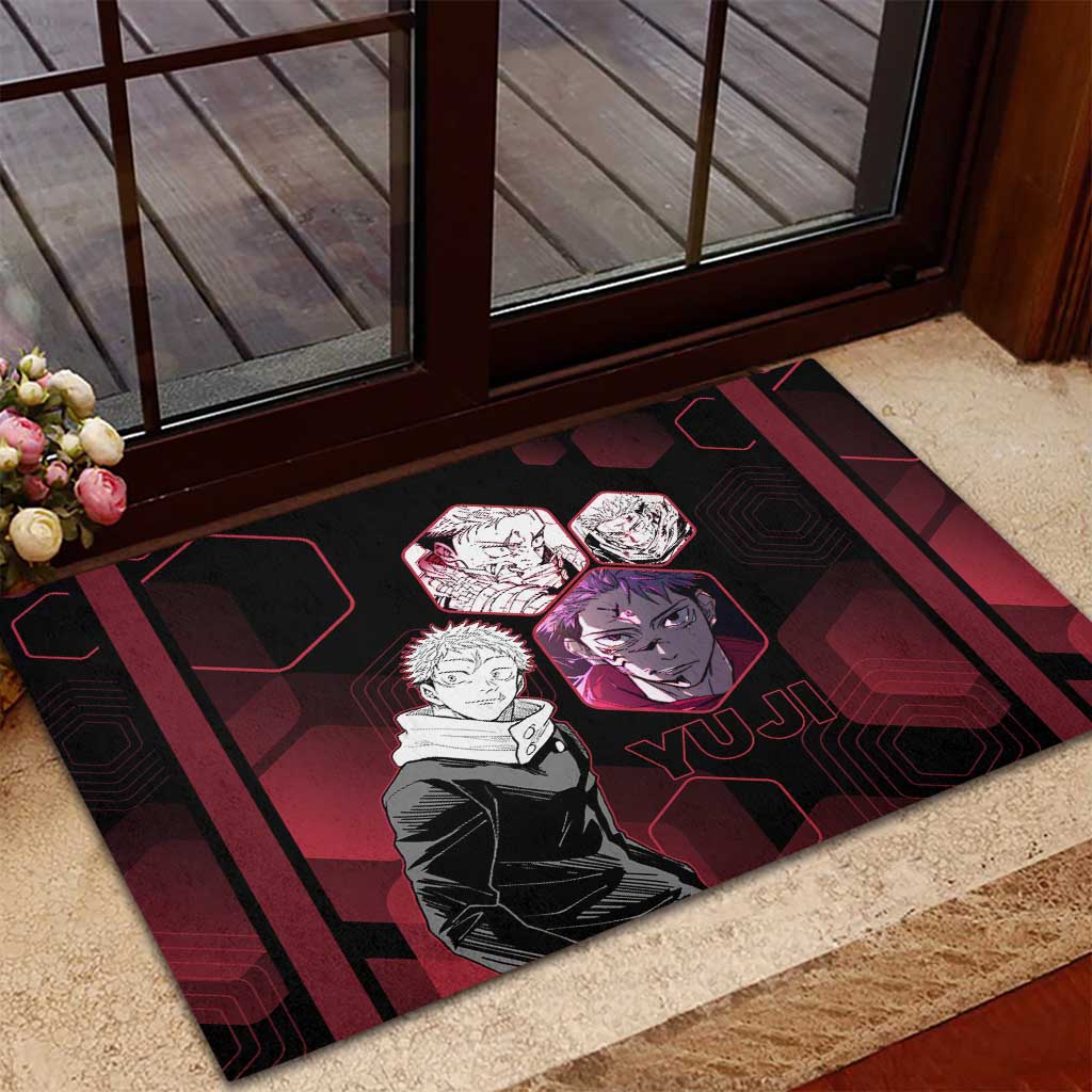 Yuji Itadori Jujutsu Kaisen Red Hexagon Design Rubber Doormat with Sukuna Transformation and Manga Style Art - The Mazicc