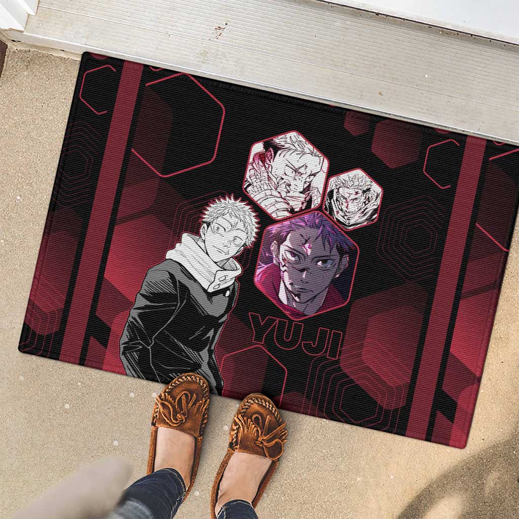 Yuji Itadori Jujutsu Kaisen Red Hexagon Design Rubber Doormat with Sukuna Transformation and Manga Style Art - The Mazicc