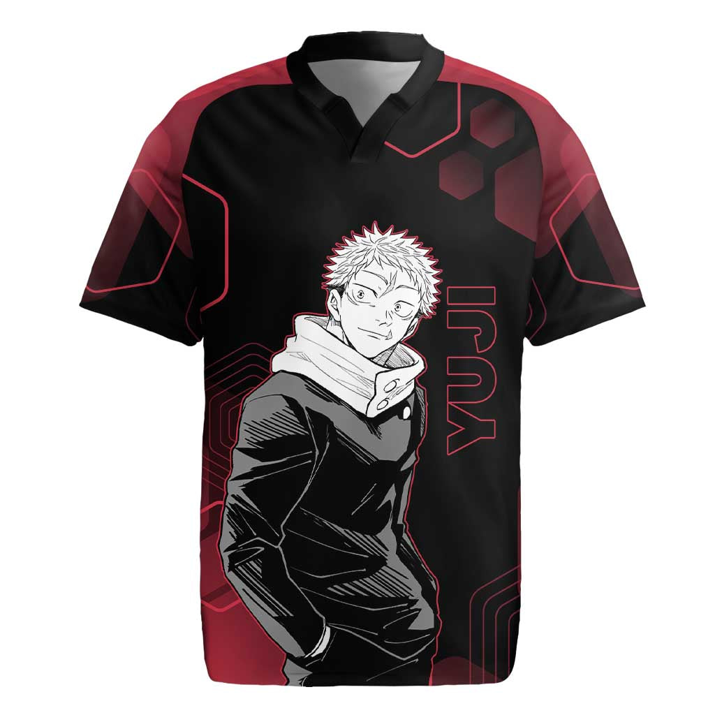 Yuji Itadori Jujutsu Kaisen Red Hexagon Design Rugby Jersey with Sukuna Transformation and Manga Style Art - The Mazicc