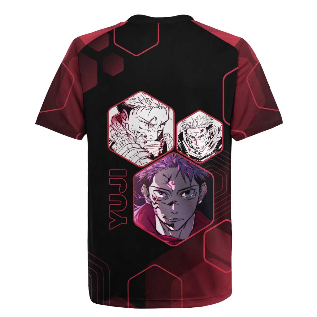 Yuji Itadori Jujutsu Kaisen Red Hexagon Design Rugby Jersey with Sukuna Transformation and Manga Style Art - The Mazicc