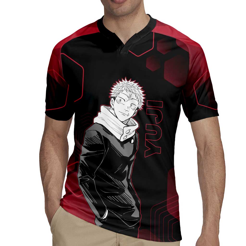 Yuji Itadori Jujutsu Kaisen Red Hexagon Design Rugby Jersey with Sukuna Transformation and Manga Style Art - The Mazicc
