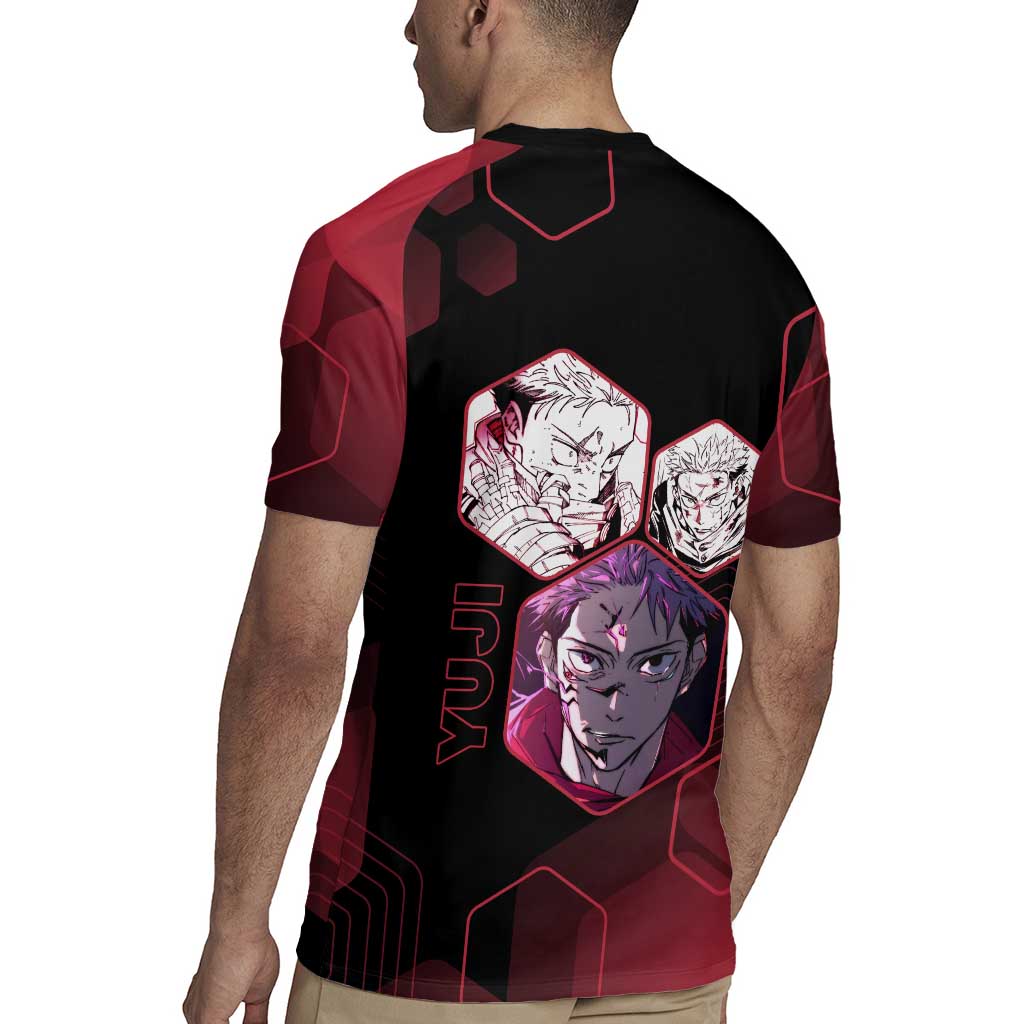 Yuji Itadori Jujutsu Kaisen Red Hexagon Design Rugby Jersey with Sukuna Transformation and Manga Style Art - The Mazicc