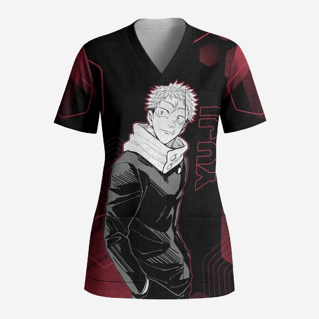 Yuji Itadori Jujutsu Kaisen Red Hexagon Design Scrub Top with Sukuna Transformation and Manga Style Art - The Mazicc