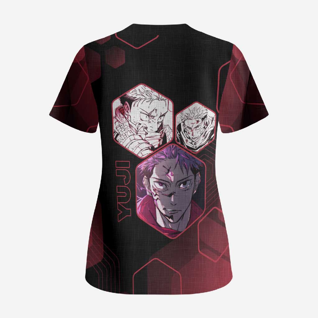 Yuji Itadori Jujutsu Kaisen Red Hexagon Design Scrub Top with Sukuna Transformation and Manga Style Art - The Mazicc