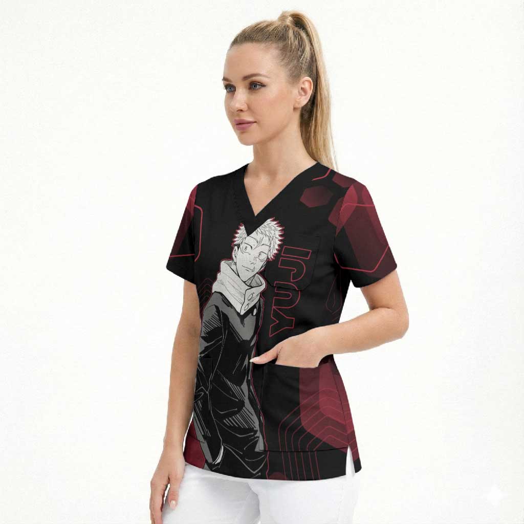 Yuji Itadori Jujutsu Kaisen Red Hexagon Design Scrub Top with Sukuna Transformation and Manga Style Art - The Mazicc