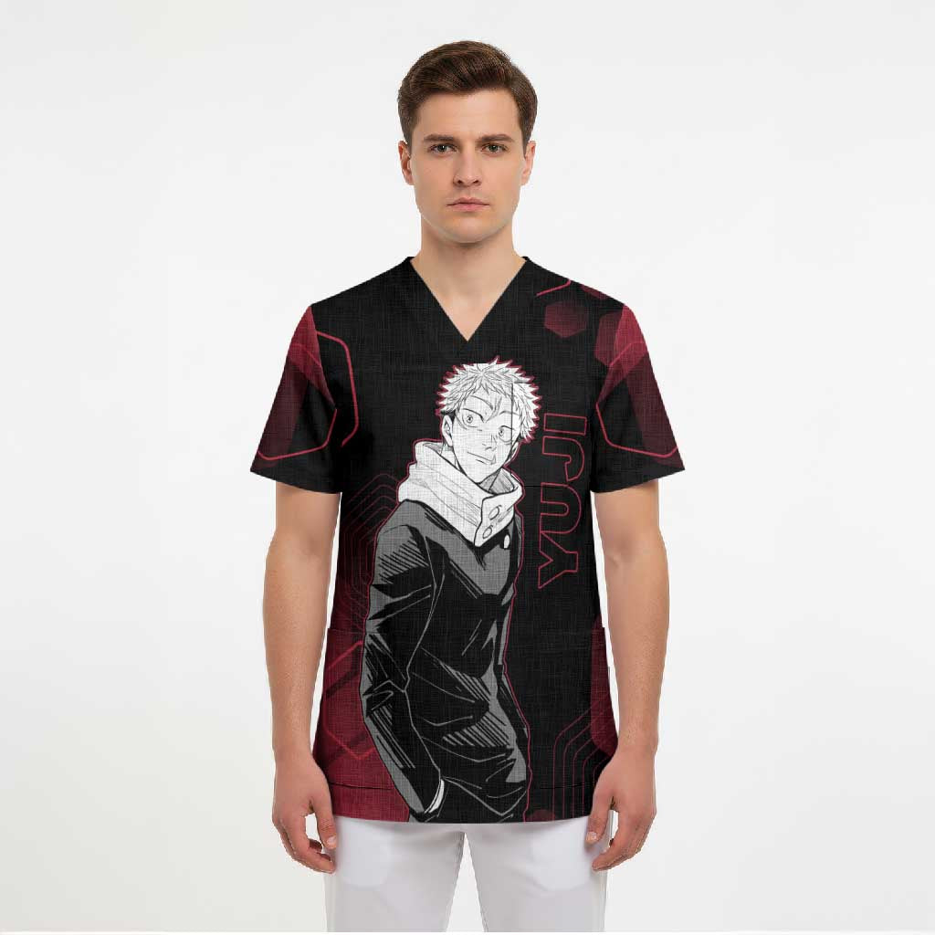 Yuji Itadori Jujutsu Kaisen Red Hexagon Design Scrub Top with Sukuna Transformation and Manga Style Art - The Mazicc