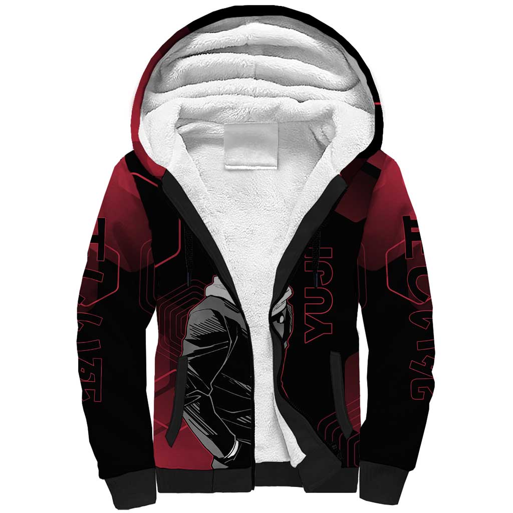 Yuji Itadori Jujutsu Kaisen Red Hexagon Design Sherpa Hoodie with Sukuna Transformation and Manga Style Art - The Mazicc