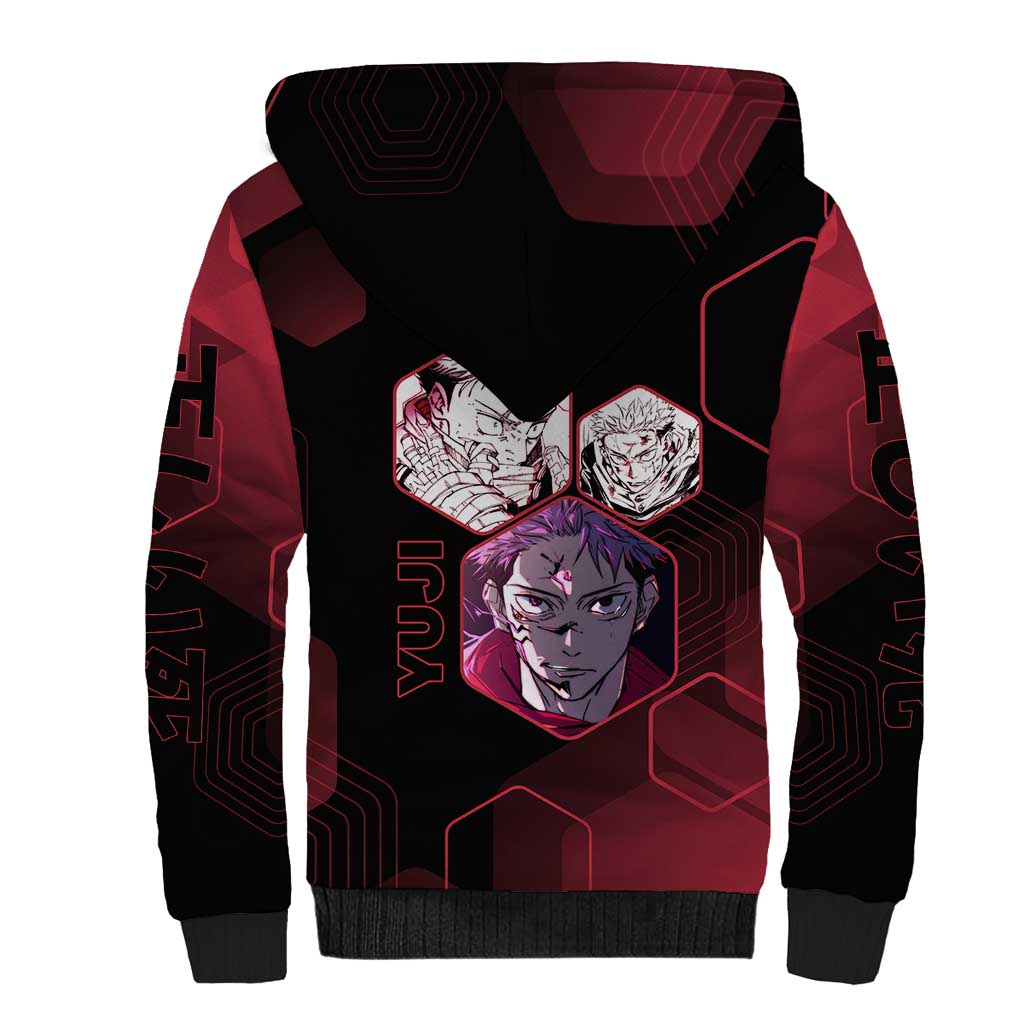 Yuji Itadori Jujutsu Kaisen Red Hexagon Design Sherpa Hoodie with Sukuna Transformation and Manga Style Art - The Mazicc