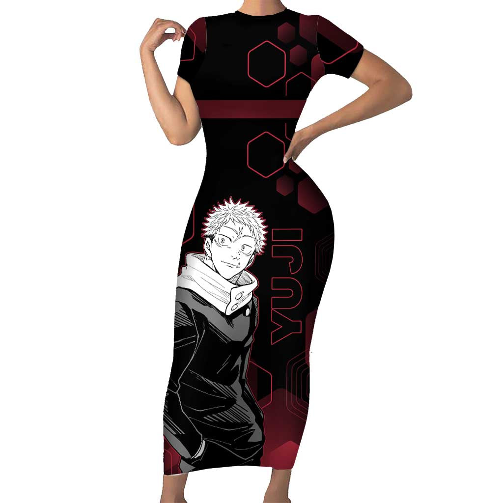 Yuji Itadori Jujutsu Kaisen Red Hexagon Design Short Sleeve Bodycon Dress with Sukuna Transformation and Manga Style Art - The Mazicc