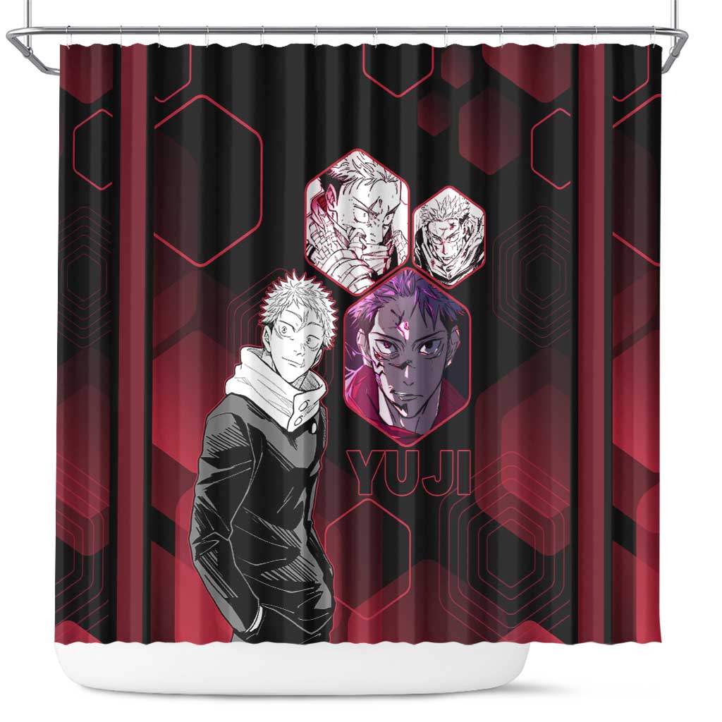 Yuji Itadori Jujutsu Kaisen Red Hexagon Design Shower Curtain with Sukuna Transformation and Manga Style Art - The Mazicc