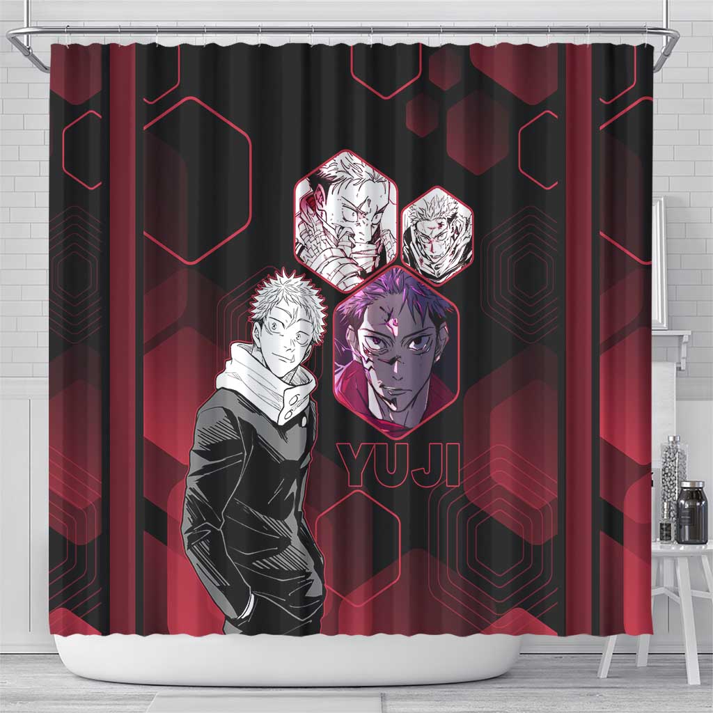 Yuji Itadori Jujutsu Kaisen Red Hexagon Design Shower Curtain with Sukuna Transformation and Manga Style Art - The Mazicc