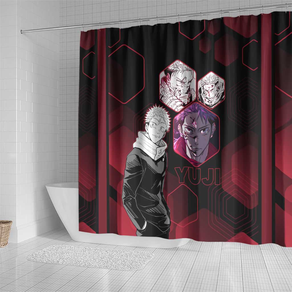 Yuji Itadori Jujutsu Kaisen Red Hexagon Design Shower Curtain with Sukuna Transformation and Manga Style Art - The Mazicc