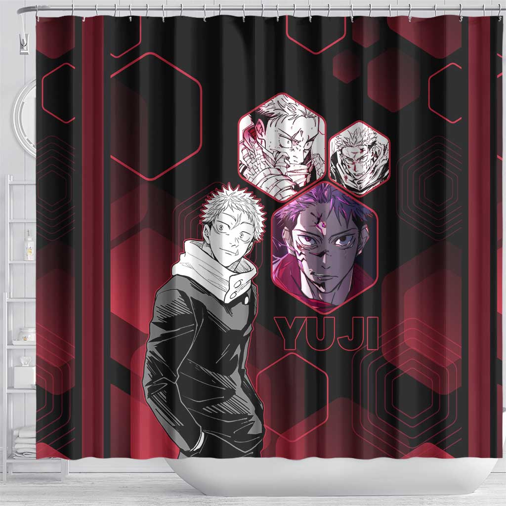 Yuji Itadori Jujutsu Kaisen Red Hexagon Design Shower Curtain with Sukuna Transformation and Manga Style Art - The Mazicc