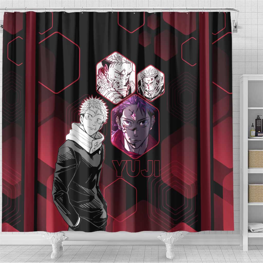 Yuji Itadori Jujutsu Kaisen Red Hexagon Design Shower Curtain with Sukuna Transformation and Manga Style Art - The Mazicc