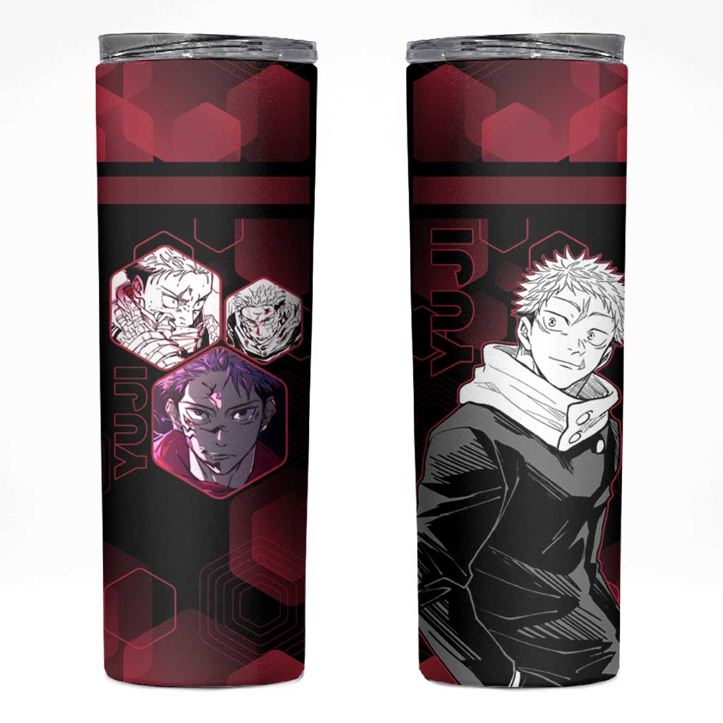 Yuji Itadori Jujutsu Kaisen Red Hexagon Design Skinny Tumbler with Sukuna Transformation and Manga Style Art - The Mazicc