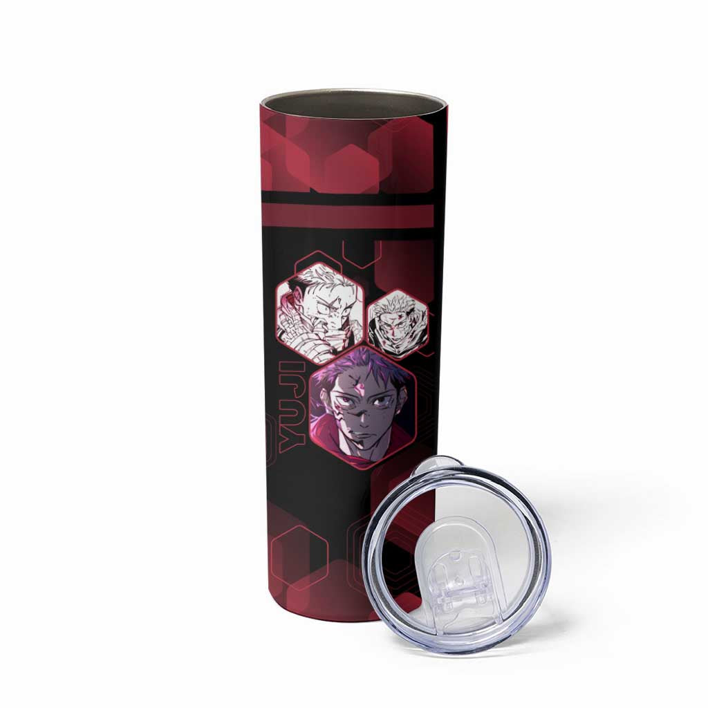 Yuji Itadori Jujutsu Kaisen Red Hexagon Design Skinny Tumbler with Sukuna Transformation and Manga Style Art - The Mazicc