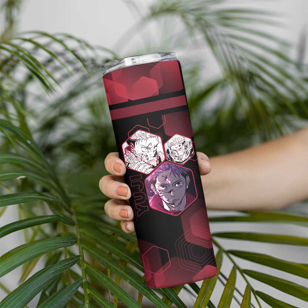 Yuji Itadori Jujutsu Kaisen Red Hexagon Design Skinny Tumbler with Sukuna Transformation and Manga Style Art - The Mazicc