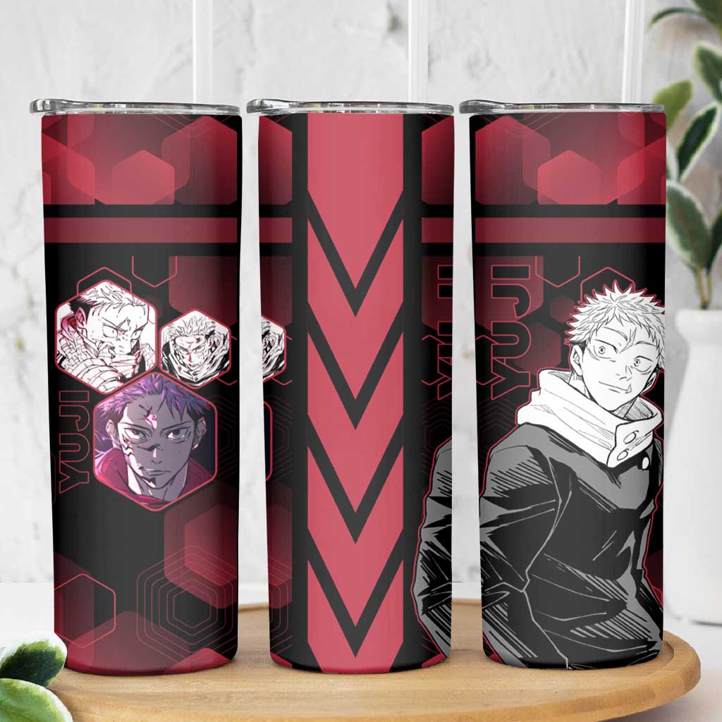 Yuji Itadori Jujutsu Kaisen Red Hexagon Design Skinny Tumbler with Sukuna Transformation and Manga Style Art - The Mazicc