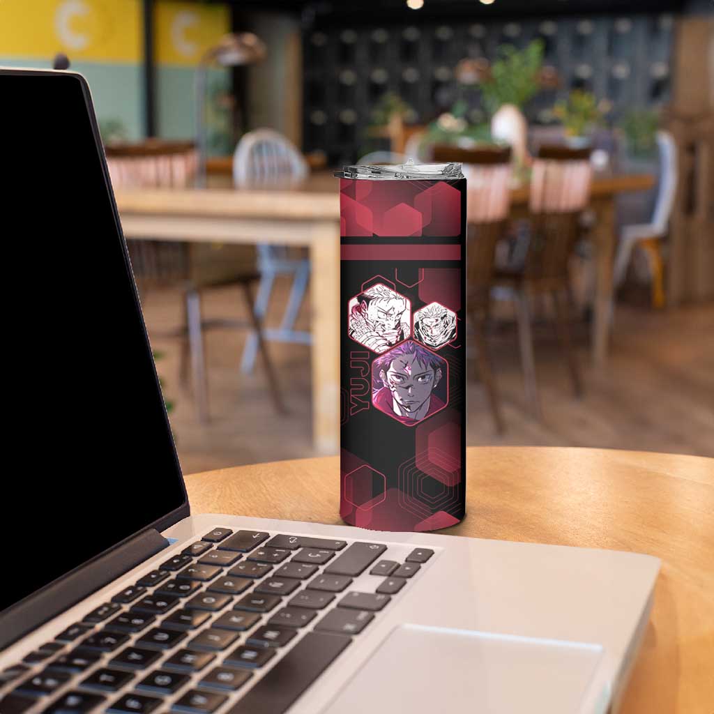 Yuji Itadori Jujutsu Kaisen Red Hexagon Design Skinny Tumbler with Sukuna Transformation and Manga Style Art - The Mazicc