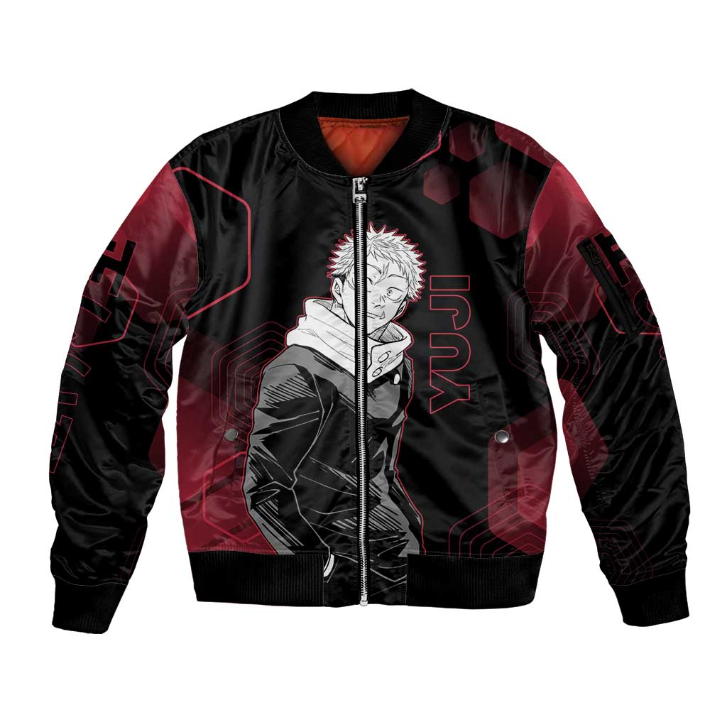 Yuji Itadori Jujutsu Kaisen Red Hexagon Design Sleeve Zip Bomber Jacket with Sukuna Transformation and Manga Style Art - The Mazicc