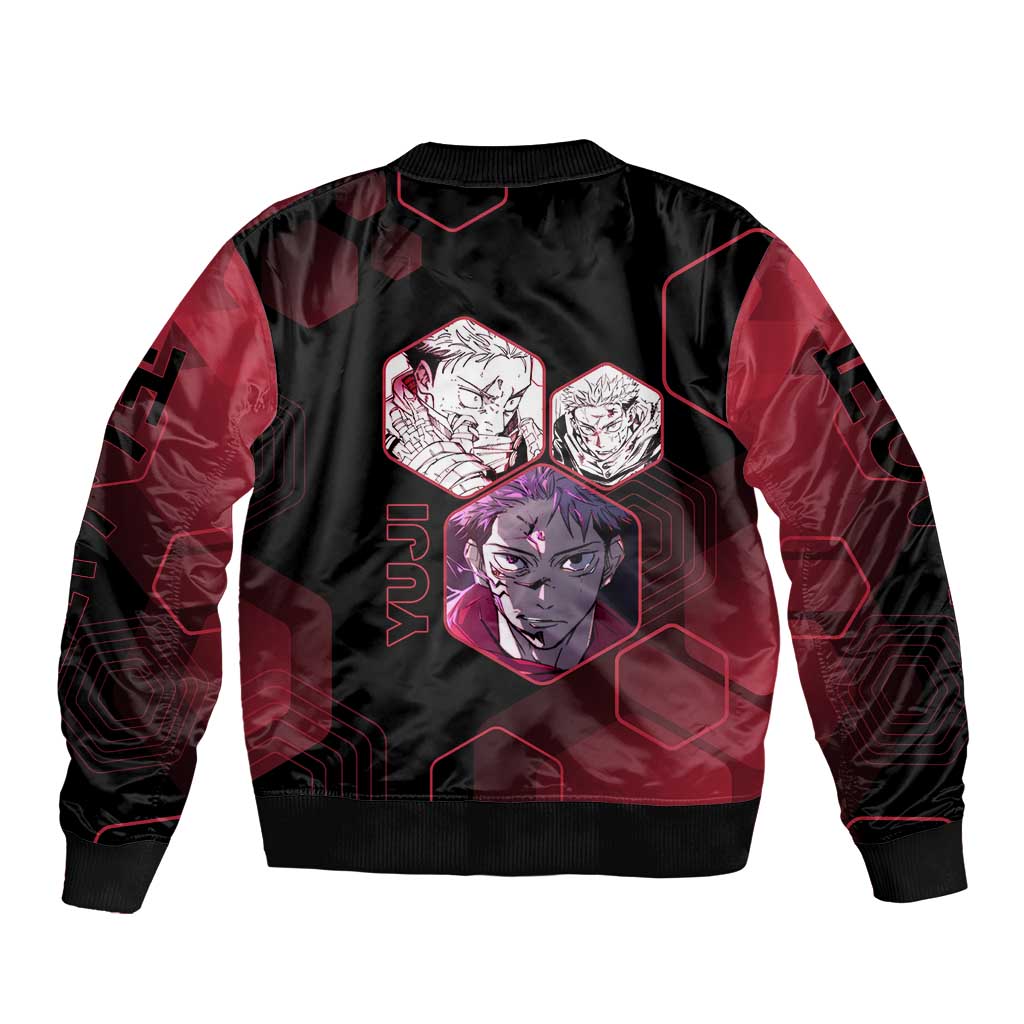 Yuji Itadori Jujutsu Kaisen Red Hexagon Design Sleeve Zip Bomber Jacket with Sukuna Transformation and Manga Style Art - The Mazicc