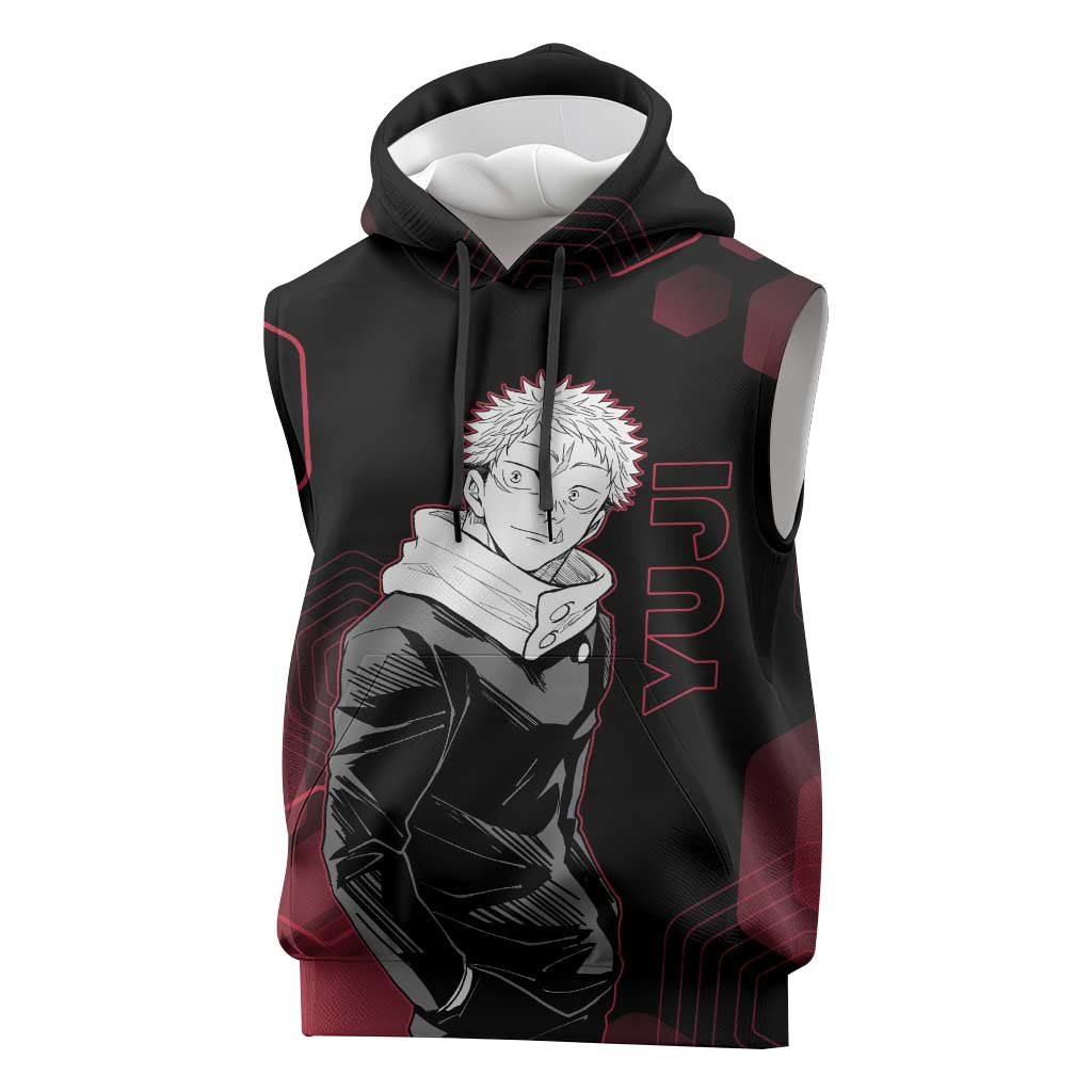 Yuji Itadori Jujutsu Kaisen Red Hexagon Design Sleeveless Hoodie with Sukuna Transformation and Manga Style Art - The Mazicc