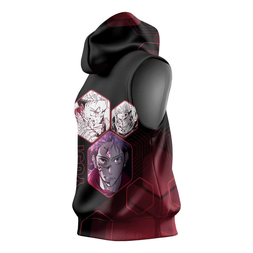Yuji Itadori Jujutsu Kaisen Red Hexagon Design Sleeveless Hoodie with Sukuna Transformation and Manga Style Art - The Mazicc