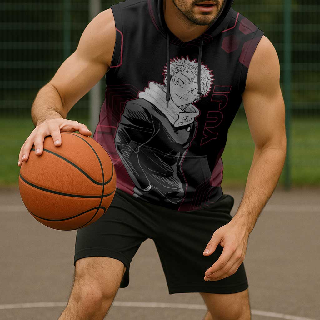 Yuji Itadori Jujutsu Kaisen Red Hexagon Design Sleeveless Hoodie with Sukuna Transformation and Manga Style Art - The Mazicc