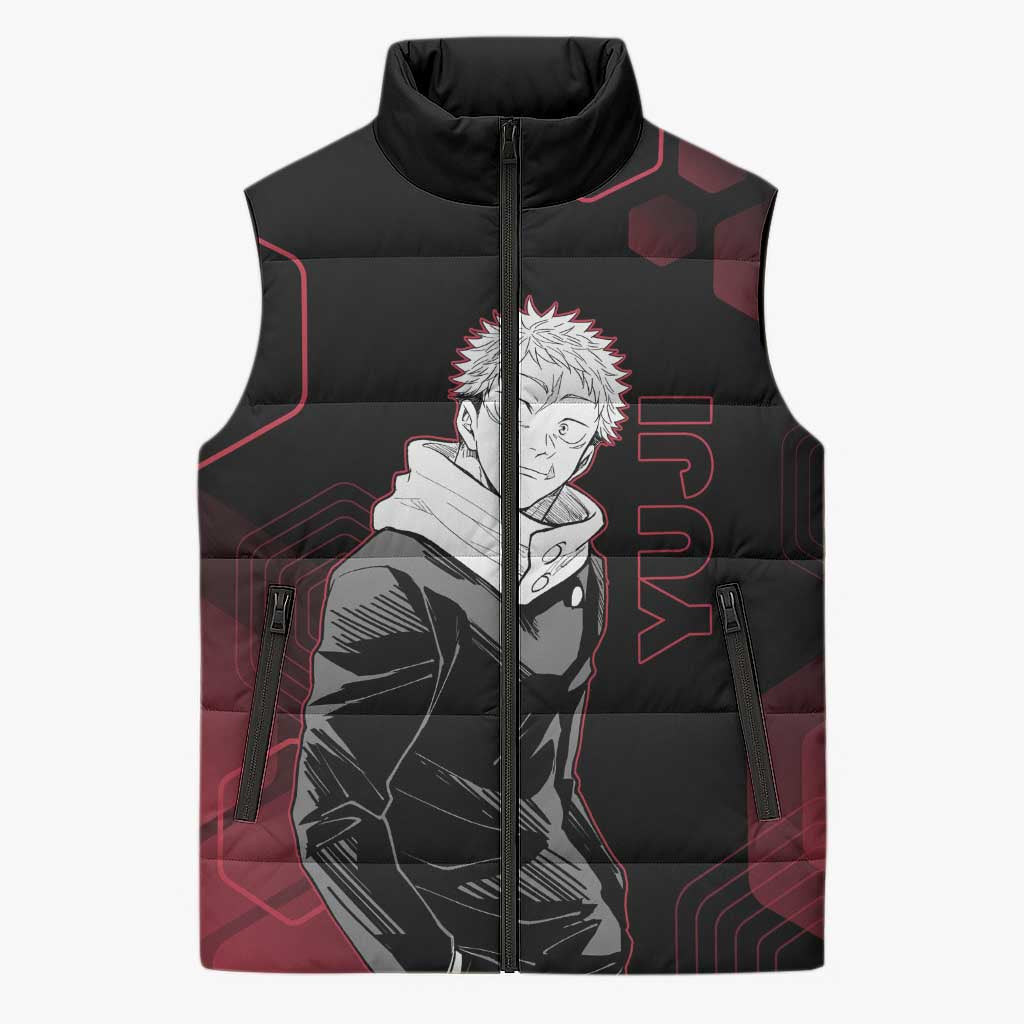 Yuji Itadori Jujutsu Kaisen Red Hexagon Design Sleeveless Puffer Jacket with Sukuna Transformation and Manga Style Art - The Mazicc