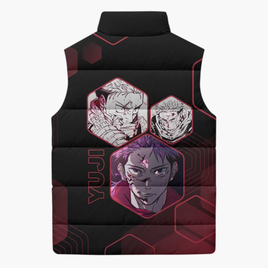 Yuji Itadori Jujutsu Kaisen Red Hexagon Design Sleeveless Puffer Jacket with Sukuna Transformation and Manga Style Art - The Mazicc