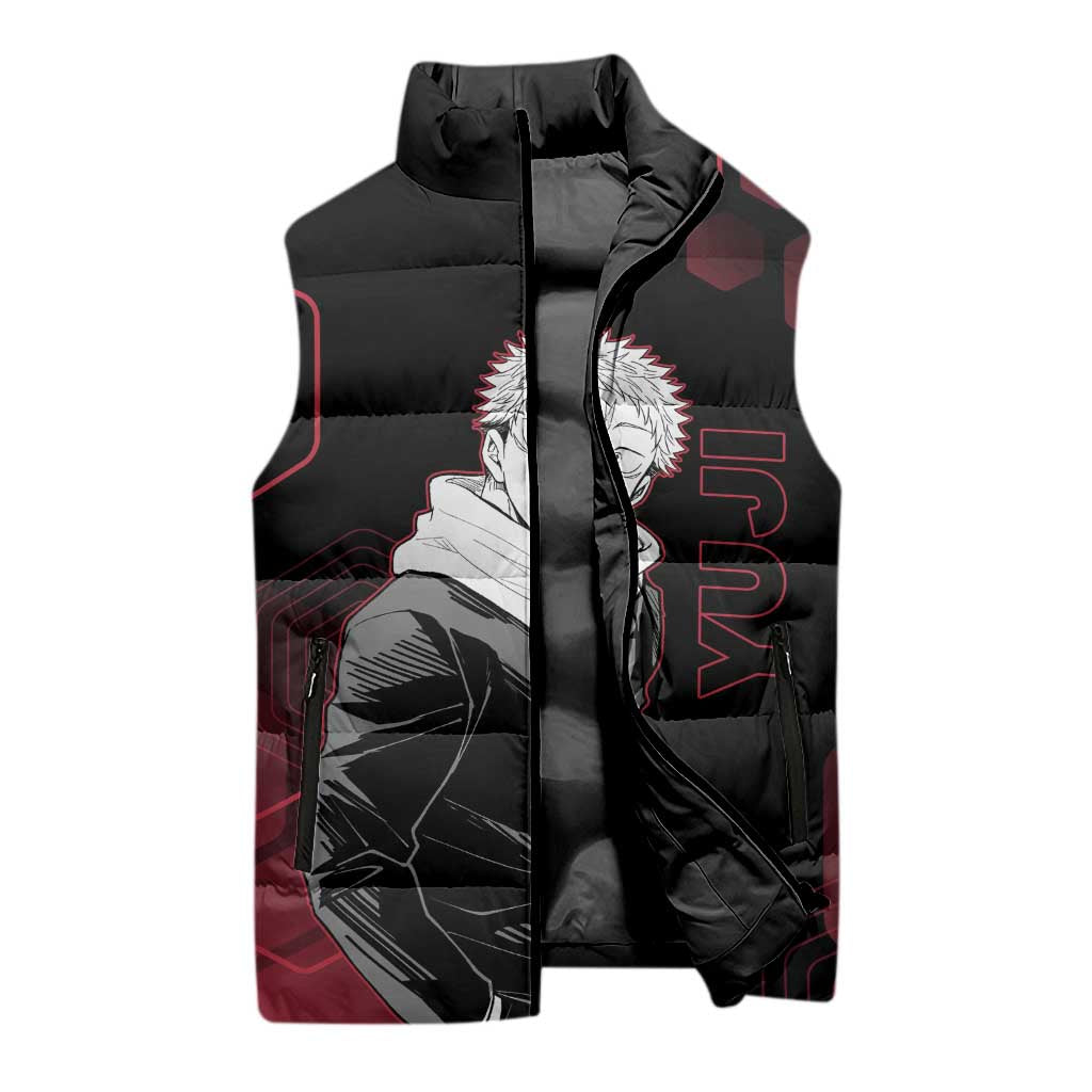Yuji Itadori Jujutsu Kaisen Red Hexagon Design Sleeveless Puffer Jacket with Sukuna Transformation and Manga Style Art - The Mazicc