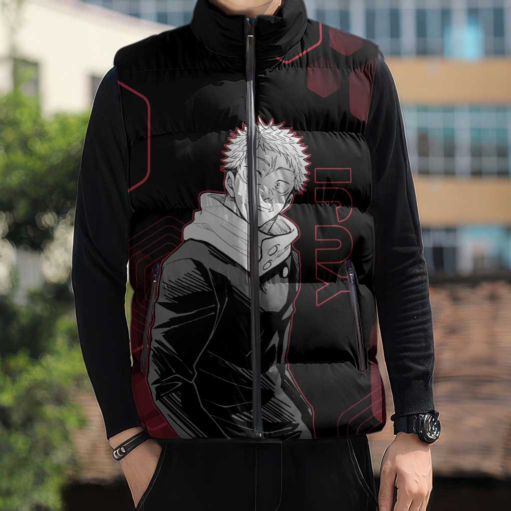 Yuji Itadori Jujutsu Kaisen Red Hexagon Design Sleeveless Puffer Jacket with Sukuna Transformation and Manga Style Art - The Mazicc