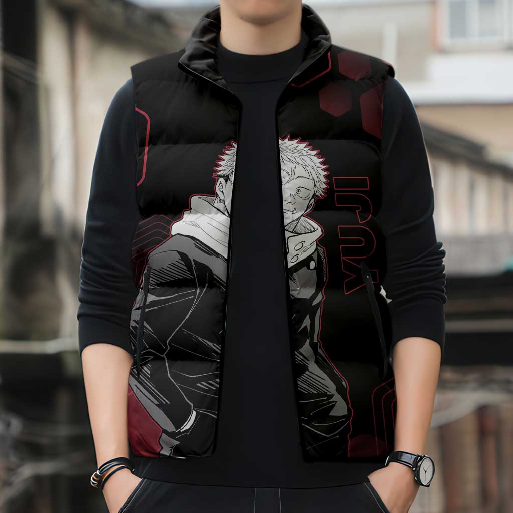 Yuji Itadori Jujutsu Kaisen Red Hexagon Design Sleeveless Puffer Jacket with Sukuna Transformation and Manga Style Art - The Mazicc