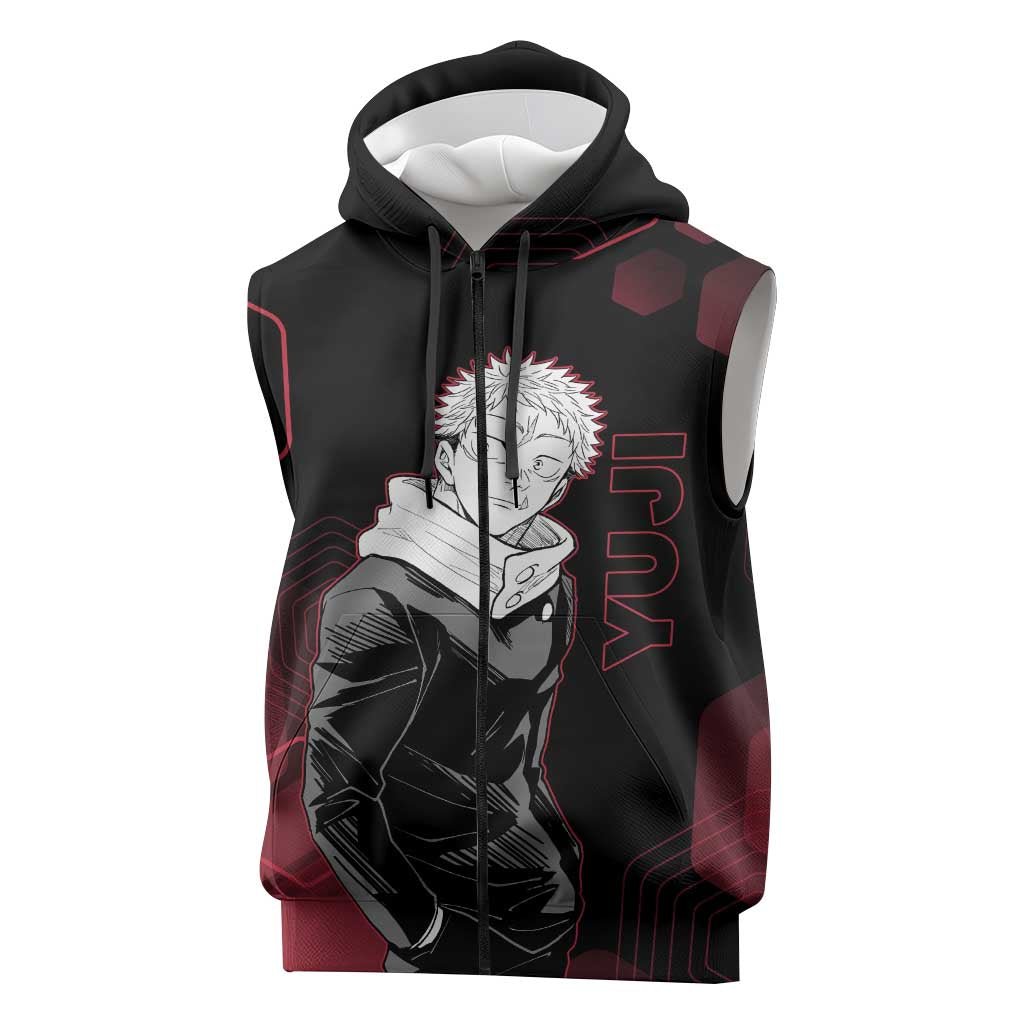 Yuji Itadori Jujutsu Kaisen Red Hexagon Design Sleeveless Zip Hoodie with Sukuna Transformation and Manga Style Art - The Mazicc