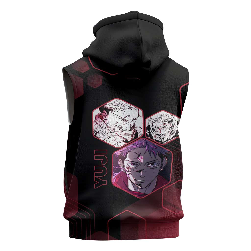Yuji Itadori Jujutsu Kaisen Red Hexagon Design Sleeveless Zip Hoodie with Sukuna Transformation and Manga Style Art - The Mazicc