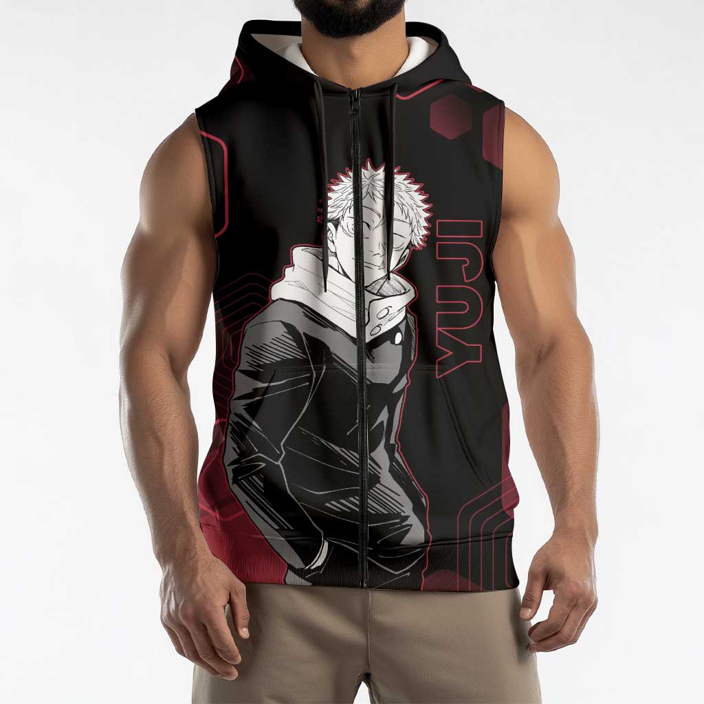 Yuji Itadori Jujutsu Kaisen Red Hexagon Design Sleeveless Zip Hoodie with Sukuna Transformation and Manga Style Art - The Mazicc