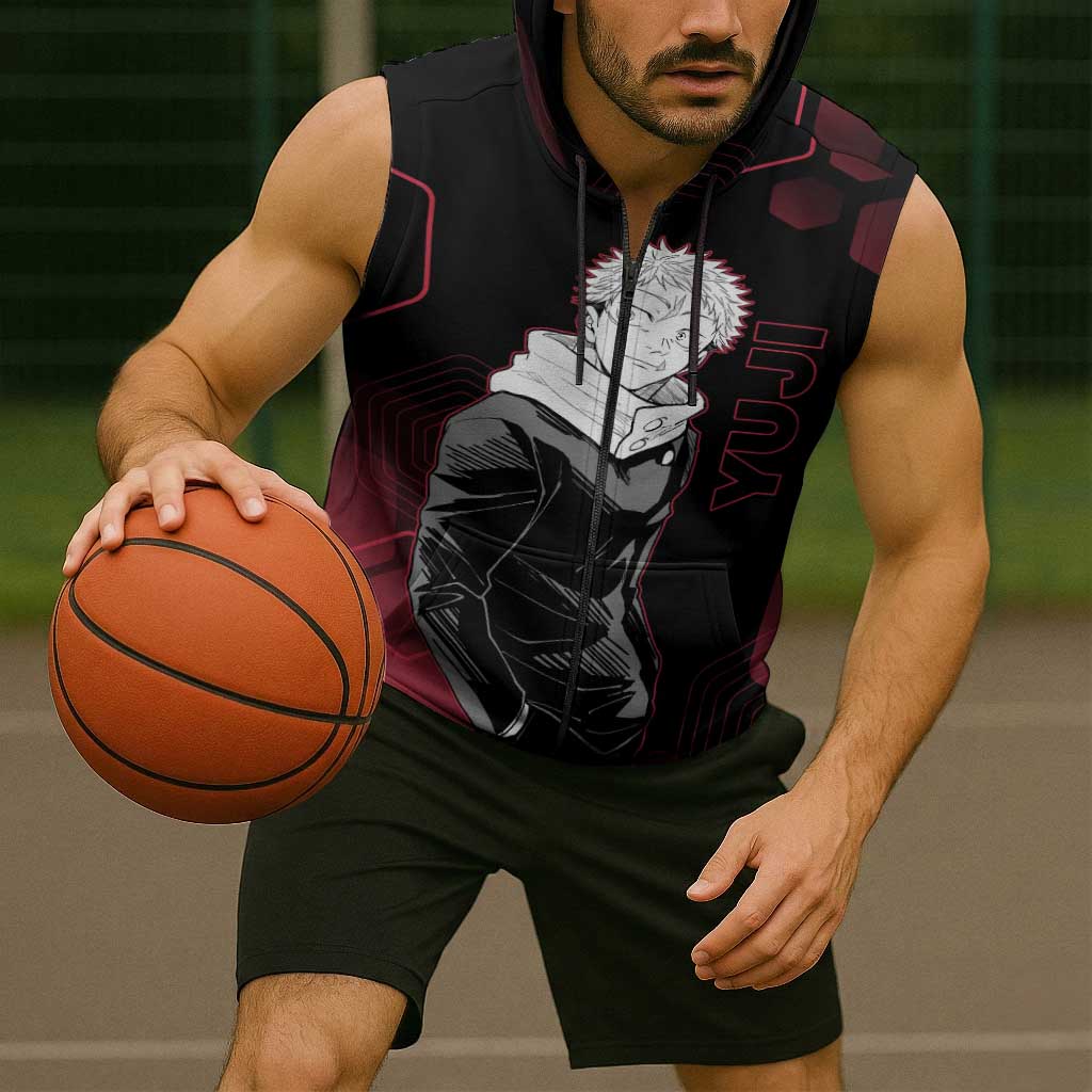 Yuji Itadori Jujutsu Kaisen Red Hexagon Design Sleeveless Zip Hoodie with Sukuna Transformation and Manga Style Art - The Mazicc