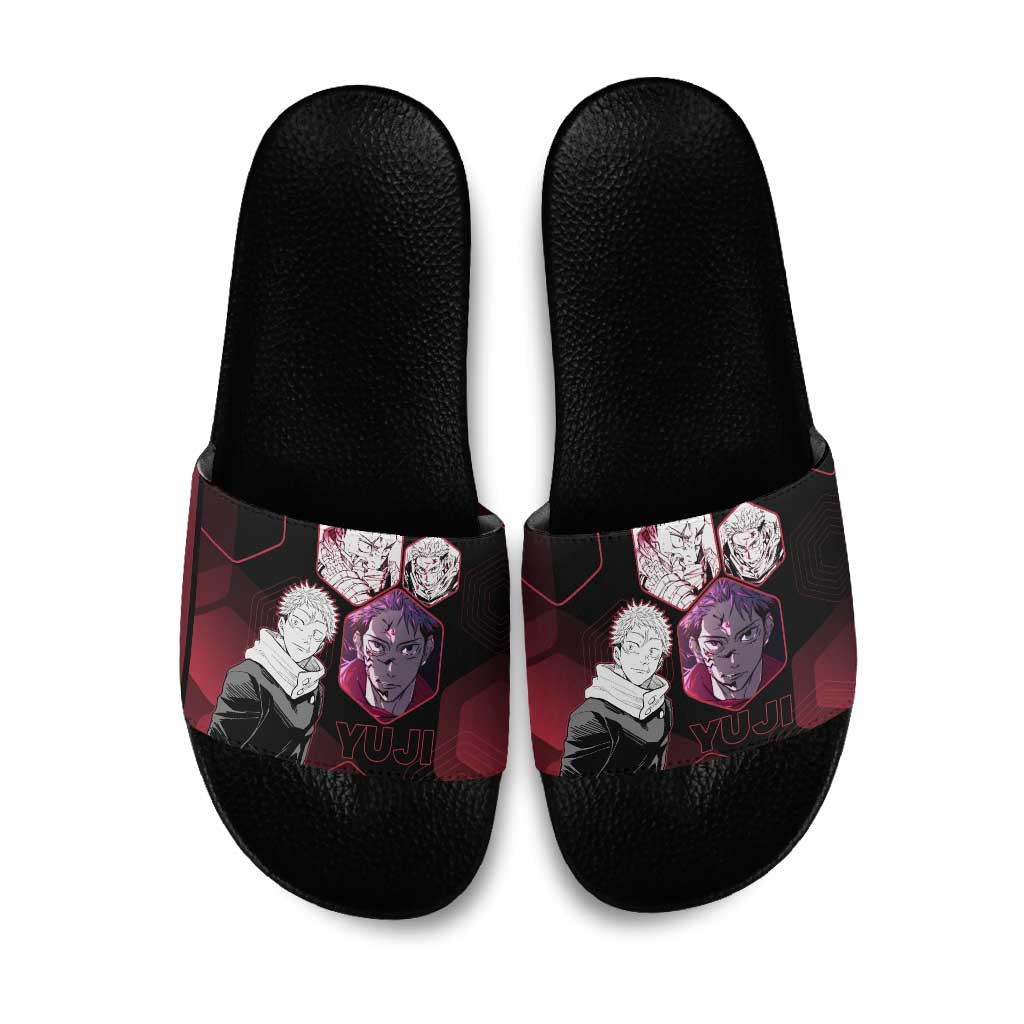 Yuji Itadori Jujutsu Kaisen Red Hexagon Design Slide Sandals with Sukuna Transformation and Manga Style Art - The Mazicc