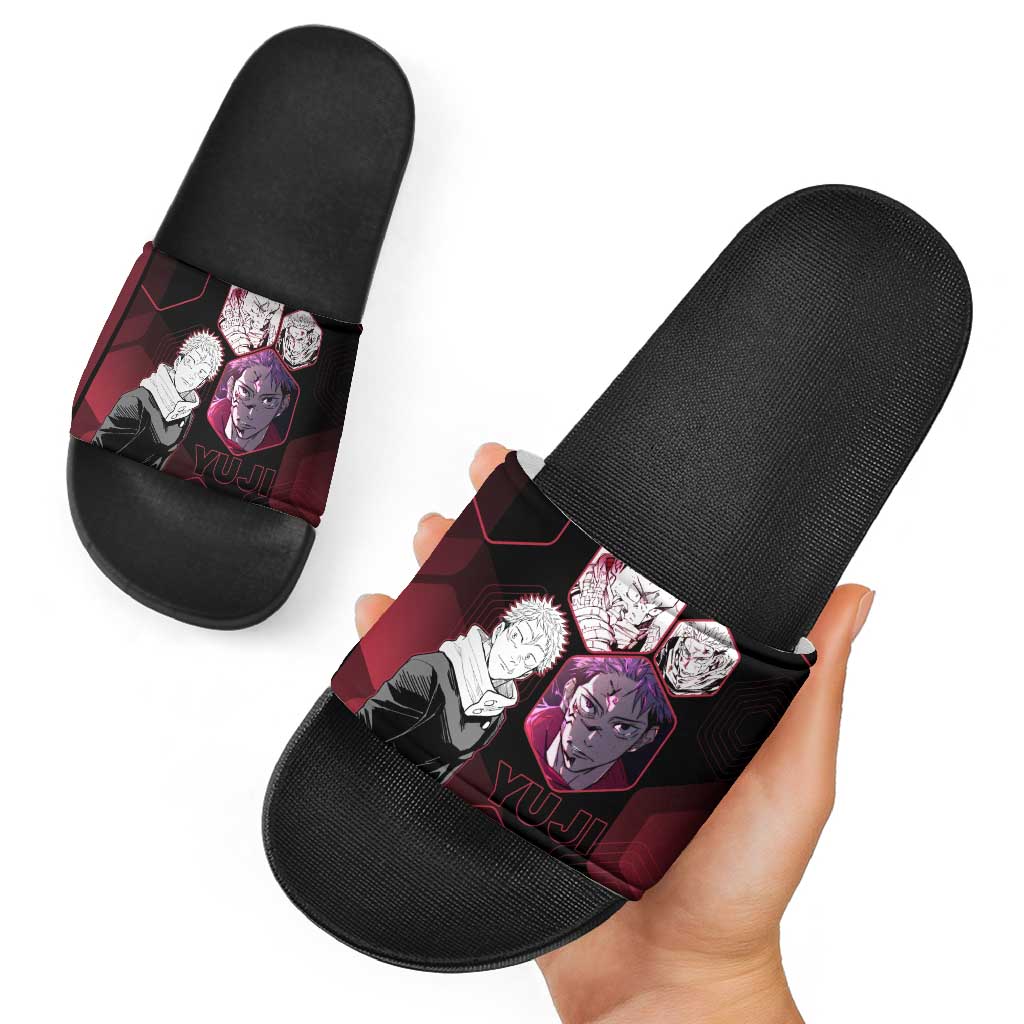 Yuji Itadori Jujutsu Kaisen Red Hexagon Design Slide Sandals with Sukuna Transformation and Manga Style Art - The Mazicc