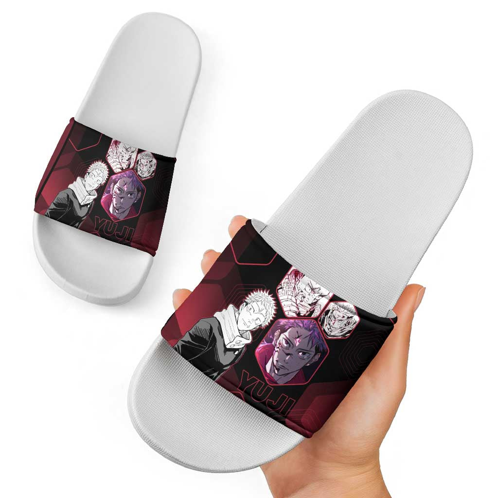 Yuji Itadori Jujutsu Kaisen Red Hexagon Design Slide Sandals with Sukuna Transformation and Manga Style Art - The Mazicc