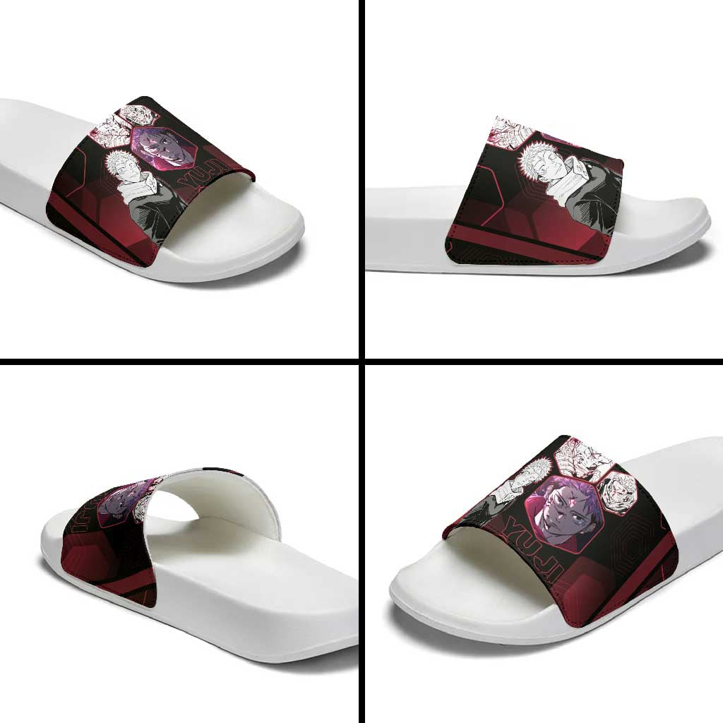 Yuji Itadori Jujutsu Kaisen Red Hexagon Design Slide Sandals with Sukuna Transformation and Manga Style Art - The Mazicc