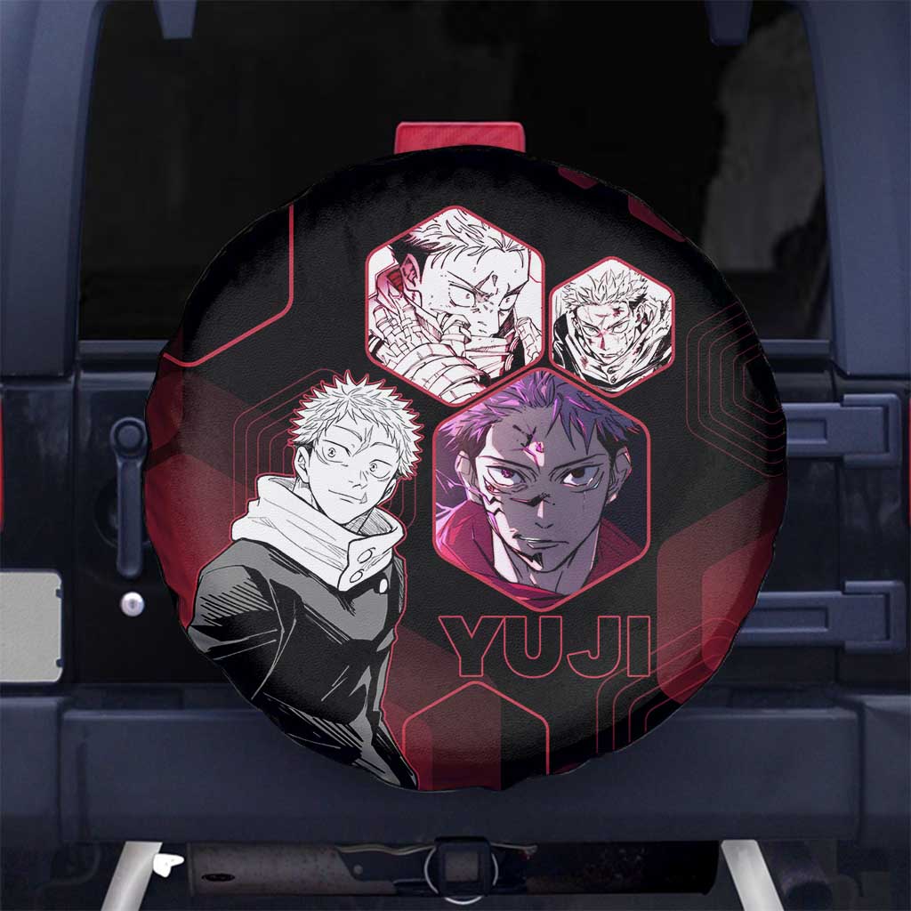 Yuji Itadori Jujutsu Kaisen Red Hexagon Design Spare Tire Cover with Sukuna Transformation and Manga Style Art - The Mazicc
